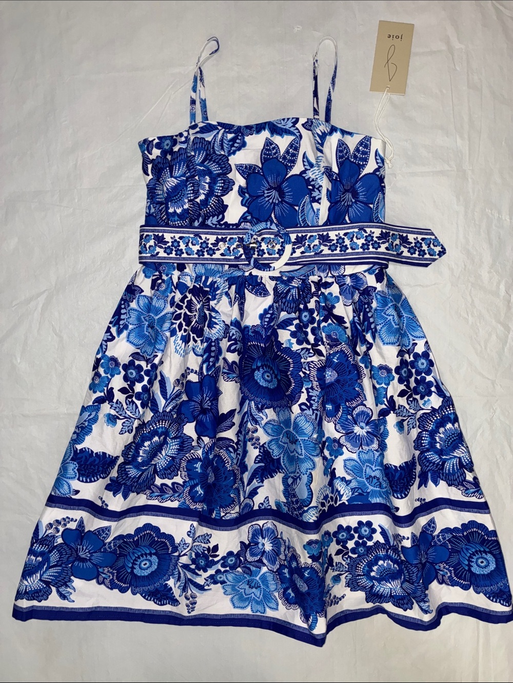 Joie White and Blue Floral Belted Spaghetti-Strap Dress